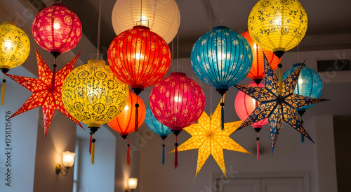 Collection of Colorful Hanging Paper Lanterns and Star Decorations, Creating a Festive Ambiance