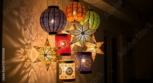 Vibrant Cluster of Ornate Paper Lanterns in Various Colors and Shapes, Casting Beautiful Patterns of Light and Shadow