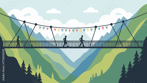 Silhouetted figures walking on a suspension bridge with mountains and trees in the background scenery