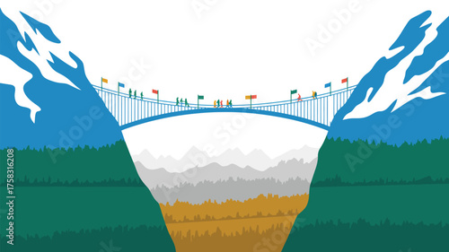 Illustration of a bridge with people walking across it between mountains and colorful flags on top
