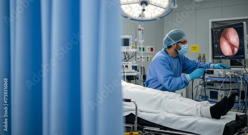 Obraz na płótnie Doctor performing colonoscopy with live internal view