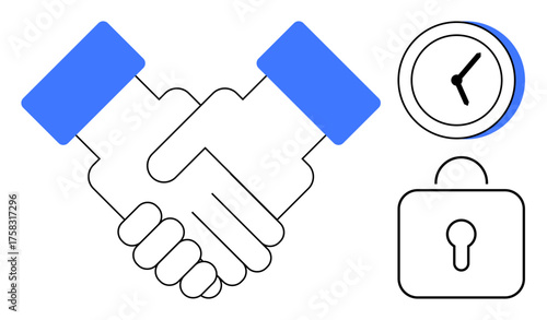Handshake alongside clock and lock highlights trust, time, and security in partnerships or teamwork. Ideal for business, contracts, collaboration, security, punctuality, partnerships time