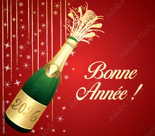 Bonne année 2026. Carte de vœux rouge et or en français. Illustration vectorielle. Fond festif.	
