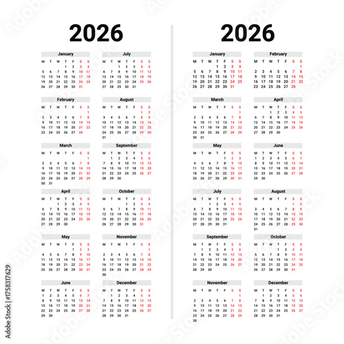 2026 Calendar Layout With Two Columns Of Months year On Transparent Background