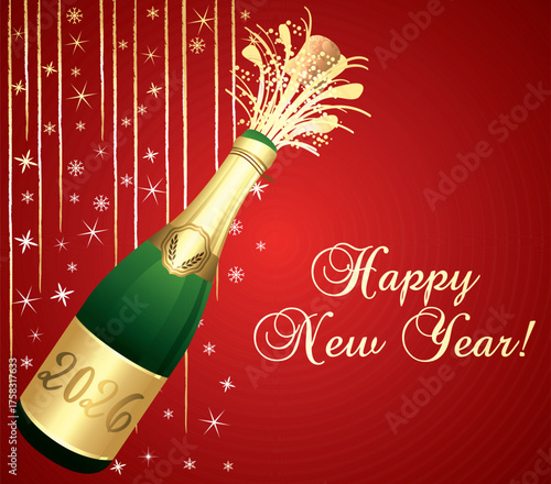 Red and gold Happy New Year 2026 Greeting card. Champaign bottle with cork explosion. Festive background. Vector illustration.	
