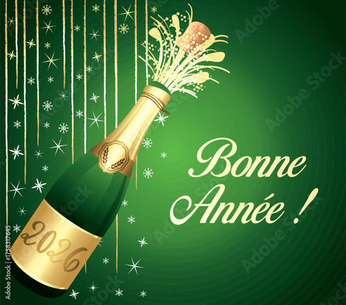 Bonne année 2026. Carte de vœux verte et or en français. Illustration vectorielle. Fond festif.	