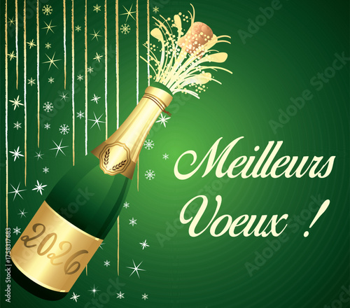 Meilleurs vœux. Bonne année 2026. Carte de vœux verte et or en français. Illustration vectorielle. Fond festif.	
