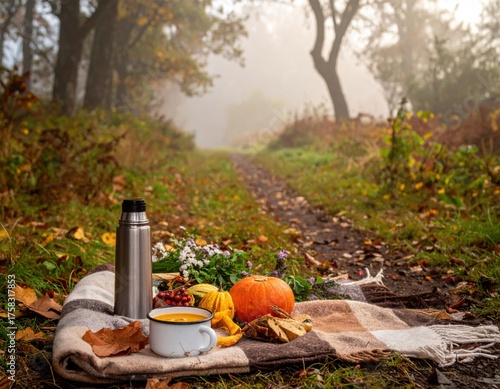 Autumnal still life of a thermos, mug, and seasonal produce on a blanket in a foggy forest clearing with a winding dirt path.