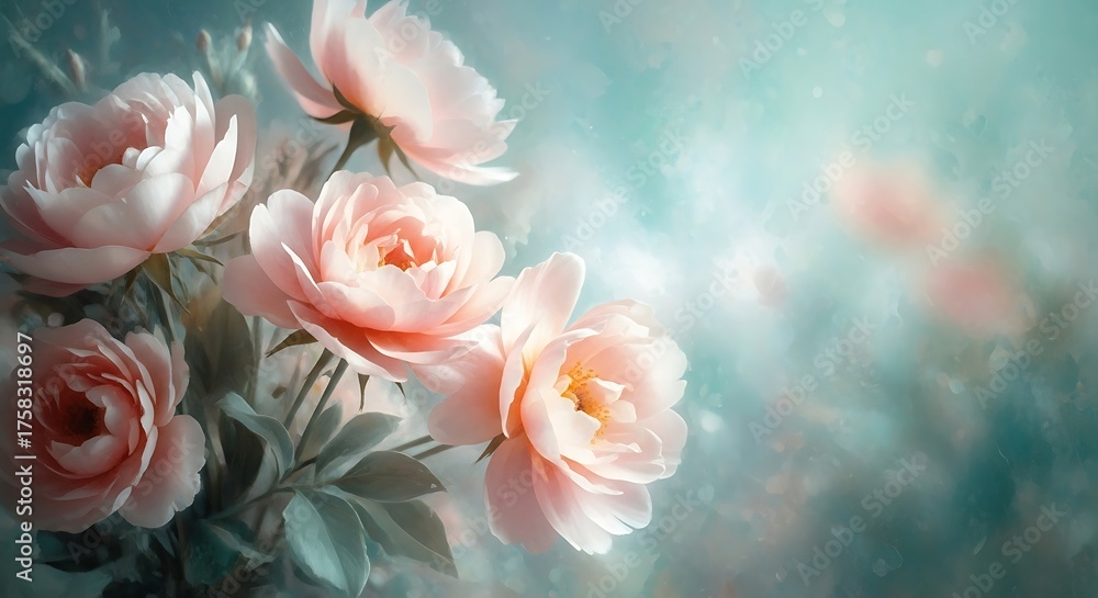 Fototapeta premium Delicate pink roses in soft focus bloom with a dreamy ethereal quality romantic floral photography