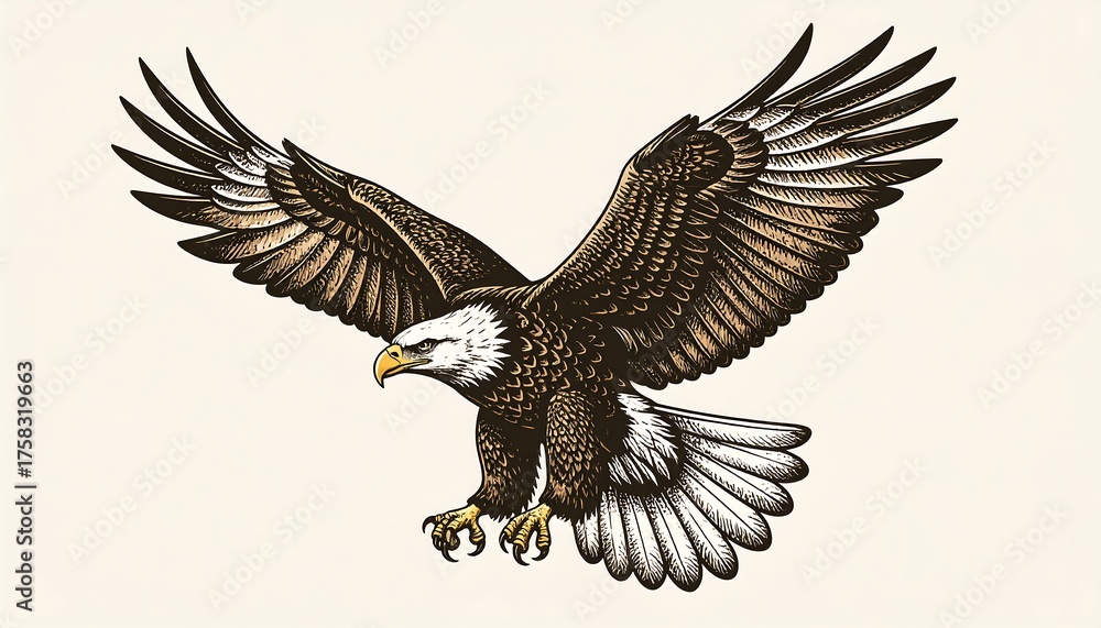 Fototapeta premium Detailed drawing of a majestic raptor with widespread wings, depicted in mid-flight. Illustrative style with intricate feather detailing