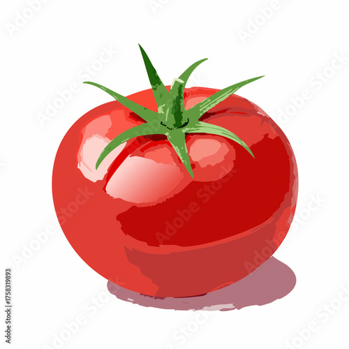 A perfectly round, smooth red tomato gleams with subtle highlights on its taut skin.