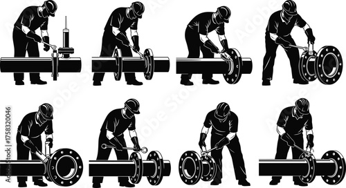 PWorker, flange, pipe, joint, assembly, disassembly, wrench, bolts, safety, gear, helmet, gloves, industrial, procedure, step, instruction, torque, connection, mechanical, maintenance