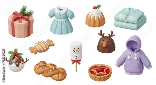 Collection of charming miniature christmas themed food and decorative items including a gift box gingerbread cookie and festive treats