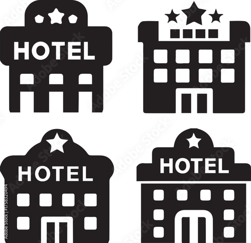 Collection of four stylized hotel building icons with stars