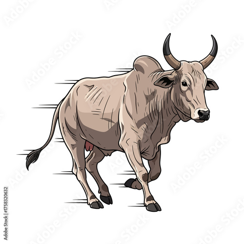 Dynamic zebu cattle character galloping at full speed with motion blur effects in a vector illustration