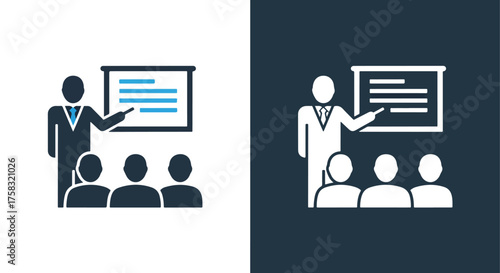 Business training session icons presenter with audience and whiteboard for web and presentation design -  Glyph solid icon - Editable modern style icon.