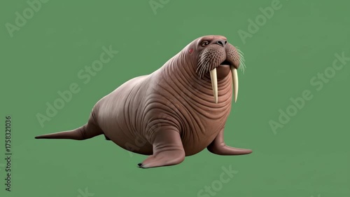 A Realistic 3D Rendered Walrus on a Green Screen Background.