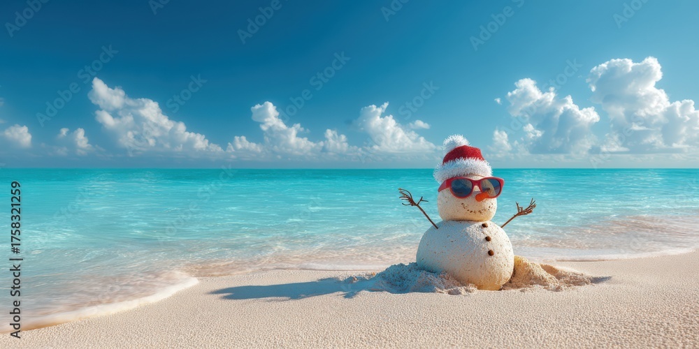 Obraz premium Snowman enjoying summer christmas vacation on beach