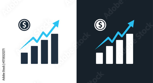 Financial growth bar chart and upward trend arrow with dollar coin icon web icon set -  Glyph solid icon - Editable modern style icon.