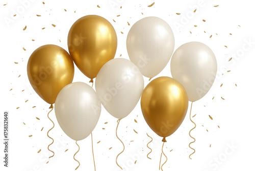 Celebrating party event with gold and white balloons floating, golden confetti falling on transparent background
