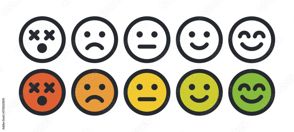 Fototapeta premium Mood Scale Icon Set, Five-Emoji Emotion Rating from Angry to Happy, Colorful Vector Feedback Illustration for Surveys. 