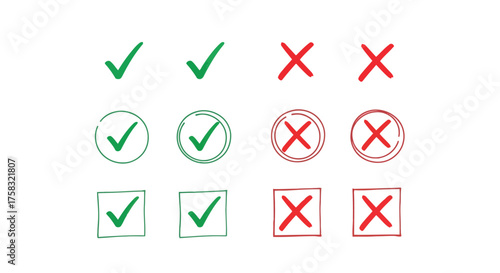 Green check marks and red x marks for validation