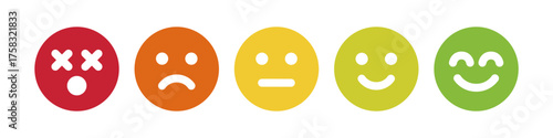 Mood Scale Icon Set, Five-Emoji Emotion Rating from Angry to Happy, Colorful Vector Feedback Illustration for Surveys.
