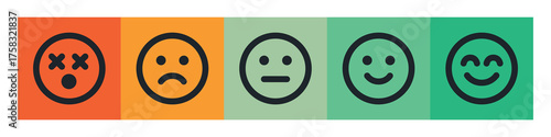 Mood Scale Icon Set, Five-Emoji Emotion Rating from Angry to Happy, Colorful Vector Feedback Illustration for Surveys.

