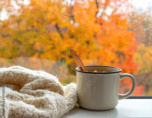 A cozy white mug with a spoon sits on a windowsill beside a knitted blanket with raindrops on the window and blurred autumn trees in the background.