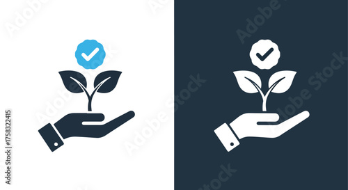 Hand holding sprout with checkmark icon set business growth success and investment concepts -  Glyph solid icon - Editable modern style icon.
