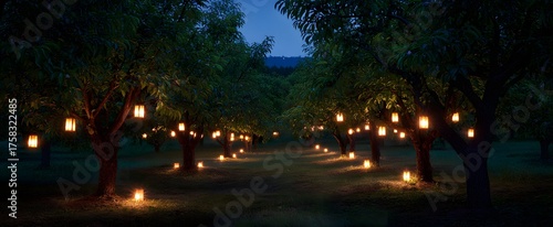 Glowing lanterns sprinkle fruit trees like stars waking in the orchard at nightfall