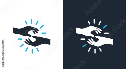 Two hands reaching and connecting with light rays icon for business and collaboration -  Glyph solid icon - Editable modern style icon.