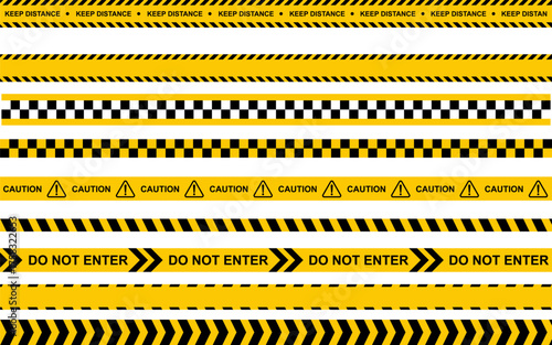 Collection of yellow and black warning and caution tapes