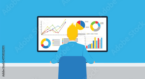 Data analysis on screen with person watching