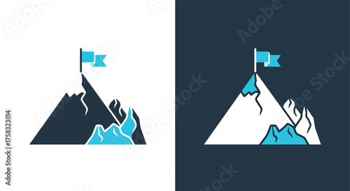 Mountain peak achievement flag icon set business success goal reaching summit victory -  Glyph solid icon - Editable modern style icon.
