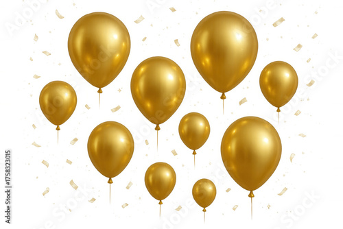 Golden balloons and flying confetti celebrating party, birthday, event with transparent background