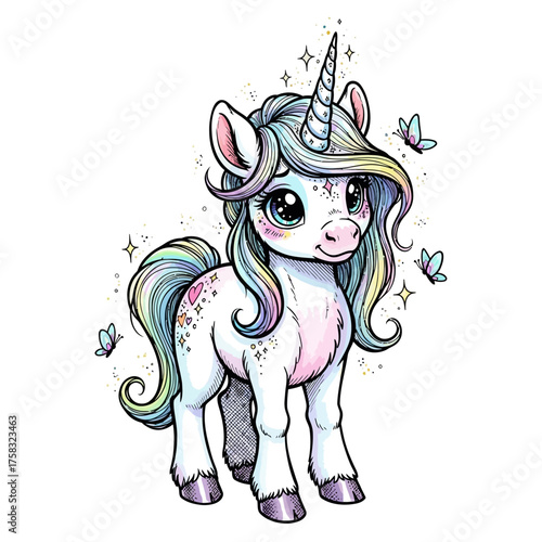Friendly and enchanted unicorn foal character in a whimsical and magical stylized ink illustration style