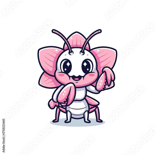 Cute and expressive orchid mantis character with a friendly smile in a whimsical and fun cartoon style