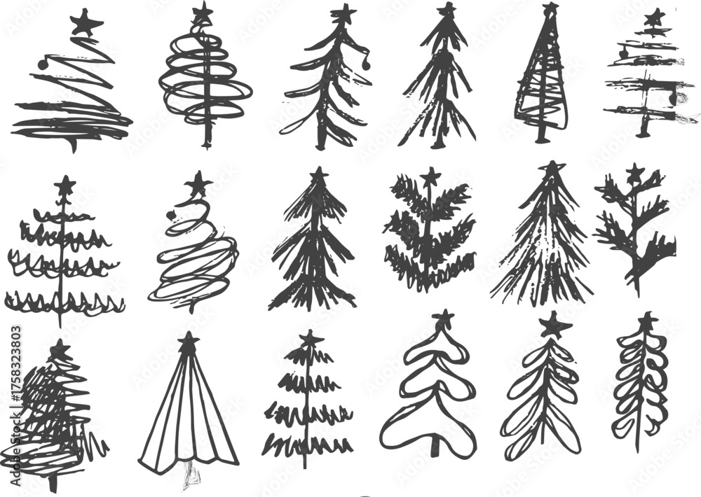 Obraz premium Hand-drawn Christmas tree sketches in black and white style on white background with copy space