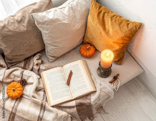 Cozy autumnal scene with an open book, pumpkin, and candle on a plaid blanket in a soft, warmly lit corner with pillows.