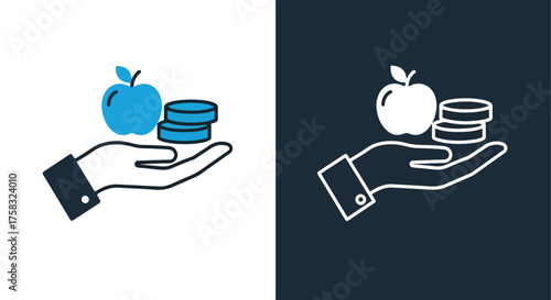 Hand holding apple and coins icon set representing savings growth and smart choices -  Glyph solid icon - Editable modern style icon.