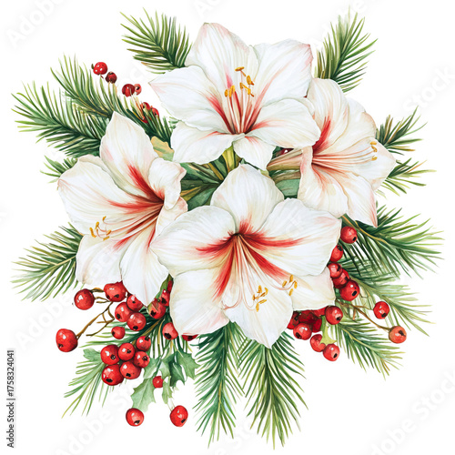 vibrant bouquet featuring white amaryllis flowers, red berries, and green pine needles, a festive arrangement. ,watercolor clip art isolated on white background