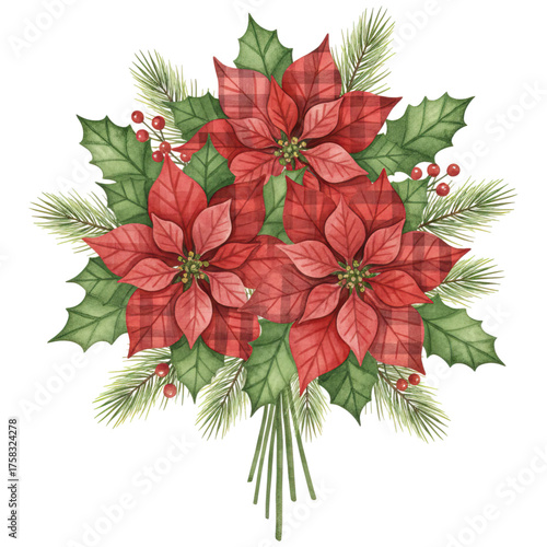 vibrant bouquet of red poinsettias with green leaves and holly, festive decorations. ,watercolor clip art isolated on white background