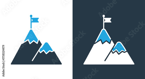 Mountain peak success achievement goal reached flag icon set digital art -  Glyph solid icon - Editable modern style icon.