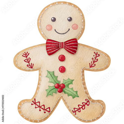 whimsical gingerbread man featuring decorative icing, a cheerful smile, and a classic bow tie with festive elements. ,watercolor clip art isolated on white background