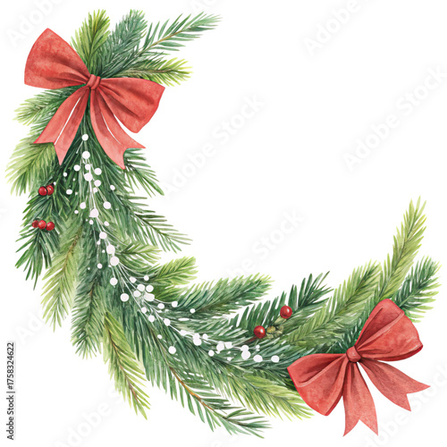 decorative Christmas wreath border corner featuring lush green pine branches with red bows and white berries. ,watercolor clip art isolated on white background