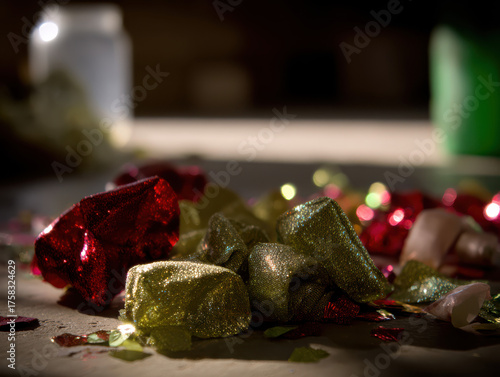 Close-up of vibrant glitter confetti illuminated by sunlight, creating a shimmering effect on the ground with colorful reflections and a soft focus background