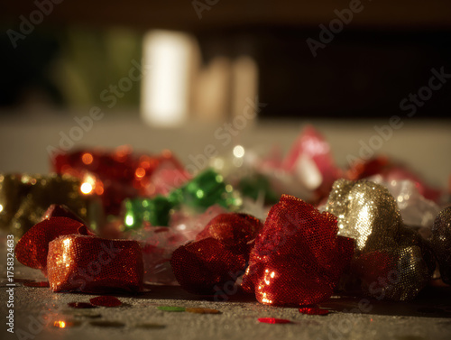 Close-up of sparkling confetti in red, green, and gold tones scattered on a soft surface, capturing the warm light and vibrant colors for a festive atmosphere