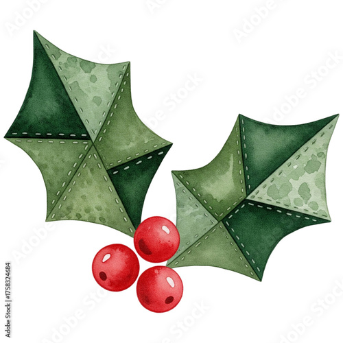 pair of holly leaves with bright red berries, vibrant green tones and intricate details. ,watercolor clip art isolated on white background