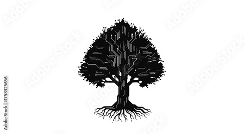 Stylized silhouette of a strong, established tree with visible roots, symbolizing growth and nature.